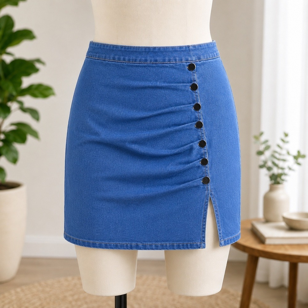 NWT Cupshe Denim Mini Skirt Womens Large Blue Ruched Button Front Side Zip Slit